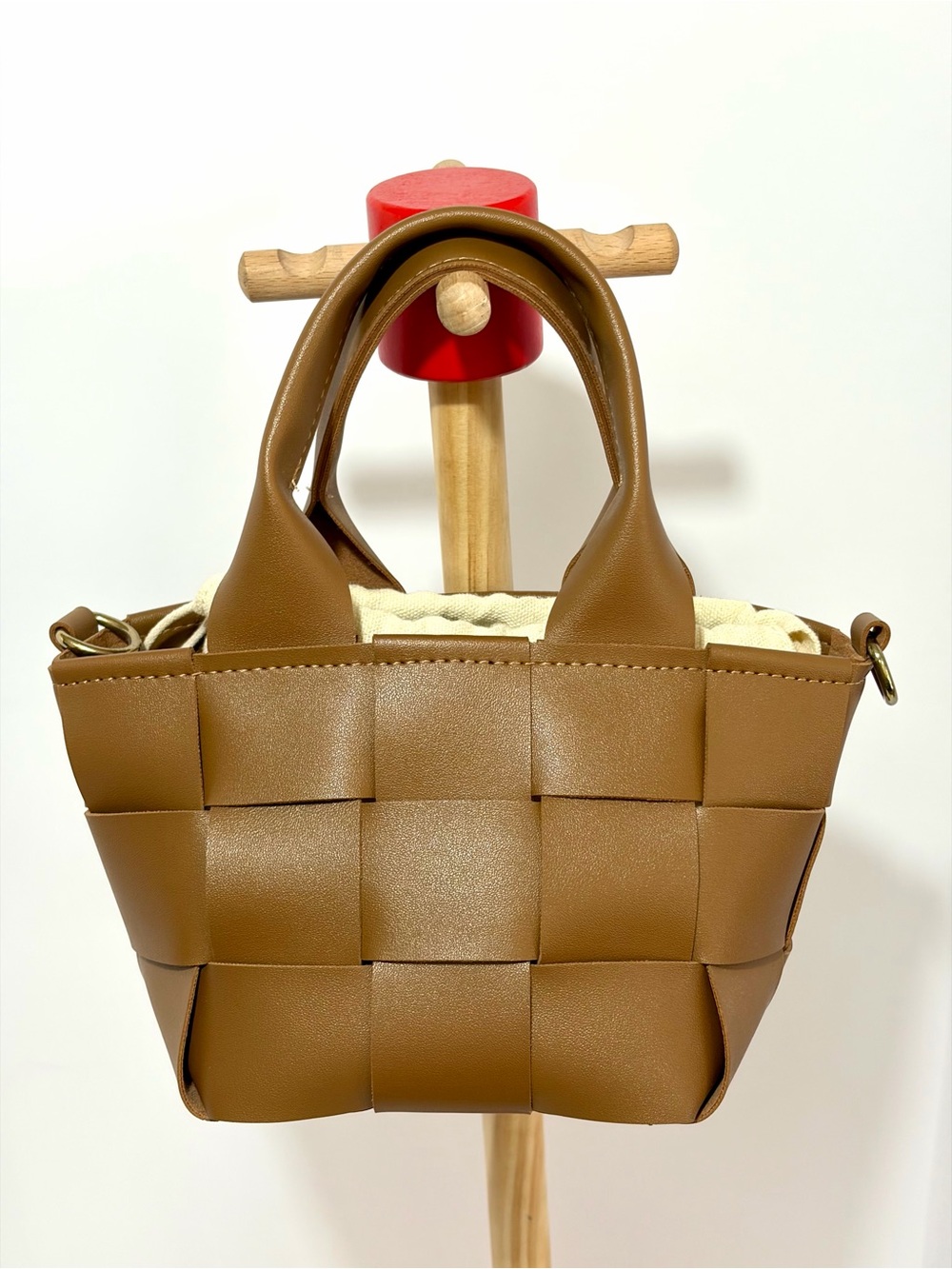 Woven Tan Mini Tote Bag with Cream Liner W/O Crossbody Strap